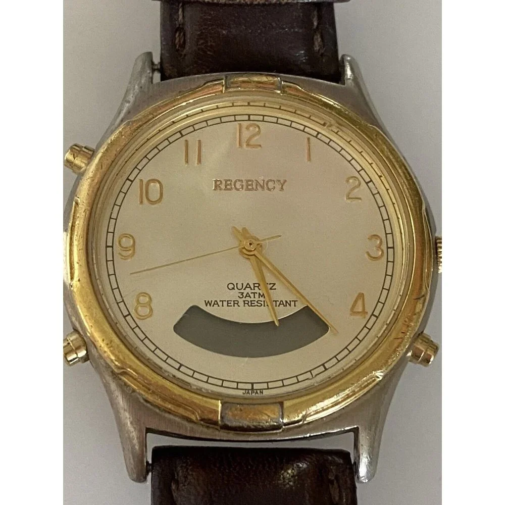Regency Men's Brown Leather Stainless Steel Water Resistant Quartz Battery Watch